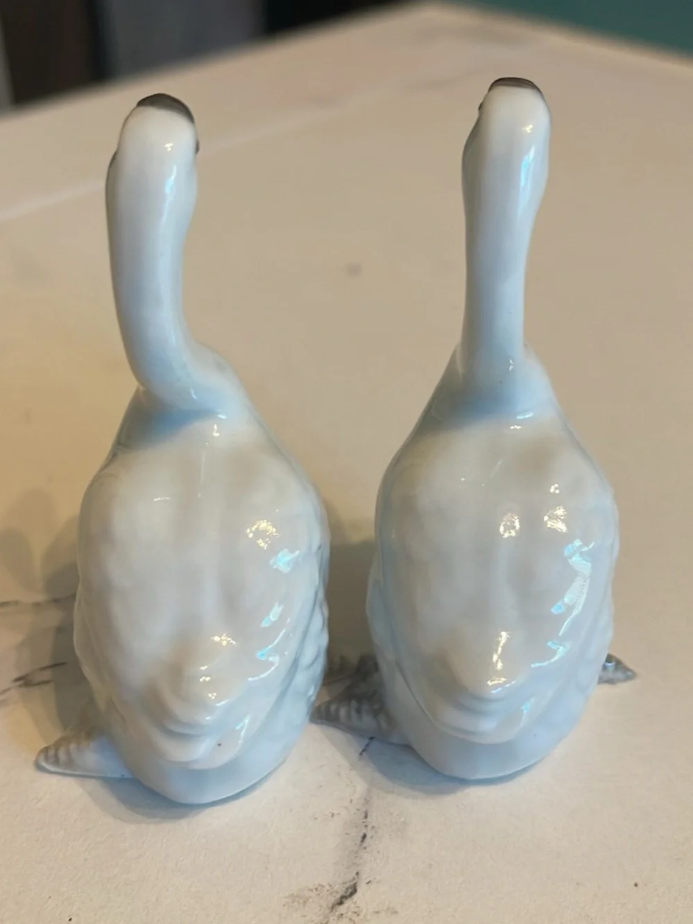 Porcelain Goose Figurine Pair in White with Silver Accents- 3”X 1 3/4”